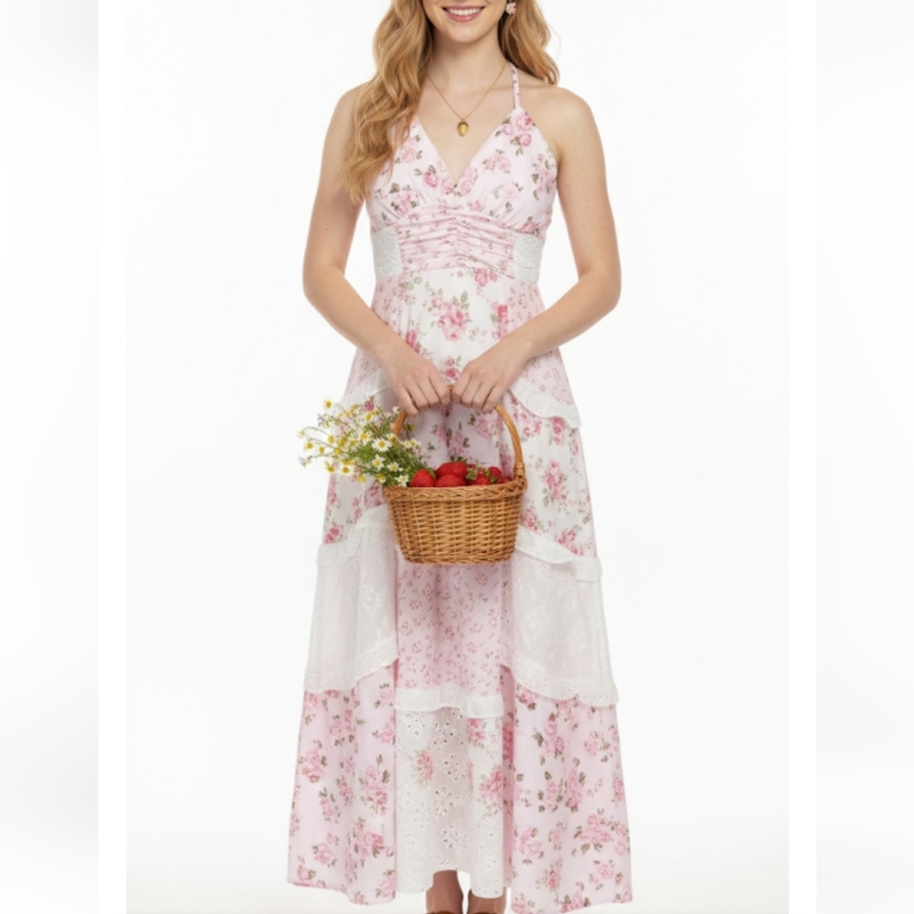 Ebossy Pink and White Barbiecor Floral Cottagecore  Halter Dress Size S